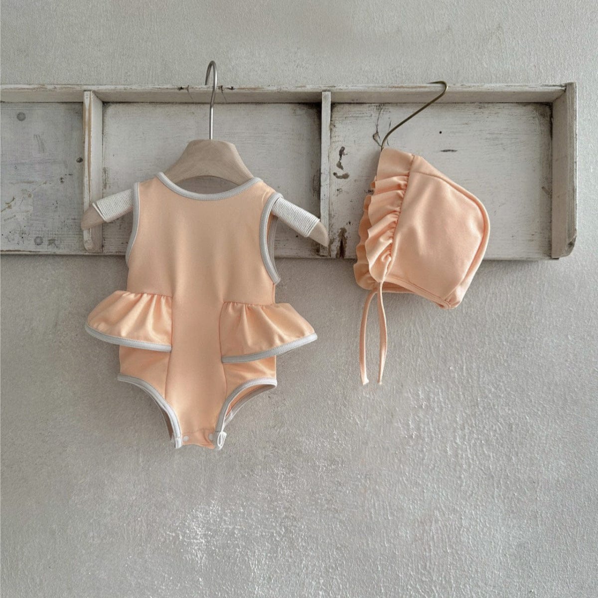 ベビー用水着 Pink Orange / 66cm ベビー水着 サイドフリルノースリーブワンピーススイムウェア+帽子セット【mh0010216】
