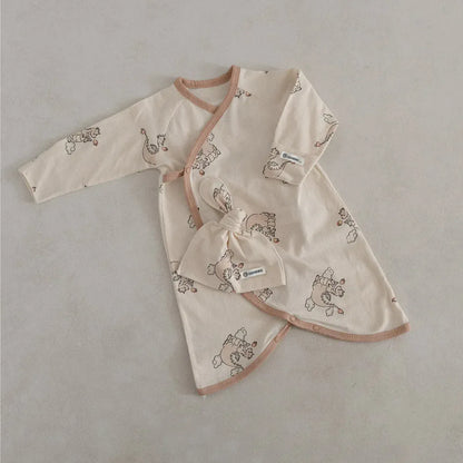 長袖ロンパース pink set / 6M  66CM ベビーロンパース アニマルプリントコンビ肌着ボディスーツ+とんがりキャップ帽子セット【mh0007951】