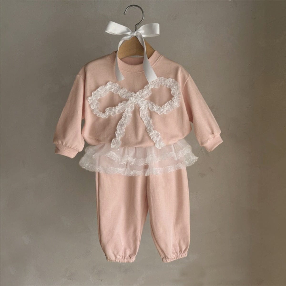 長袖セットアップ Pink Set / 73cm チュールリボンセットアップ スウェットトップス+チュールスカートパンツ 2点セット【mh0010896】