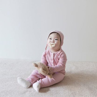 長袖ロンパース Pink Set (Jumpsuit + Hat) / 66cm とんがり帽子ロンパースセット ヘンリーネック リブ編み コットンカバーオール 2点セット【mh0010889】