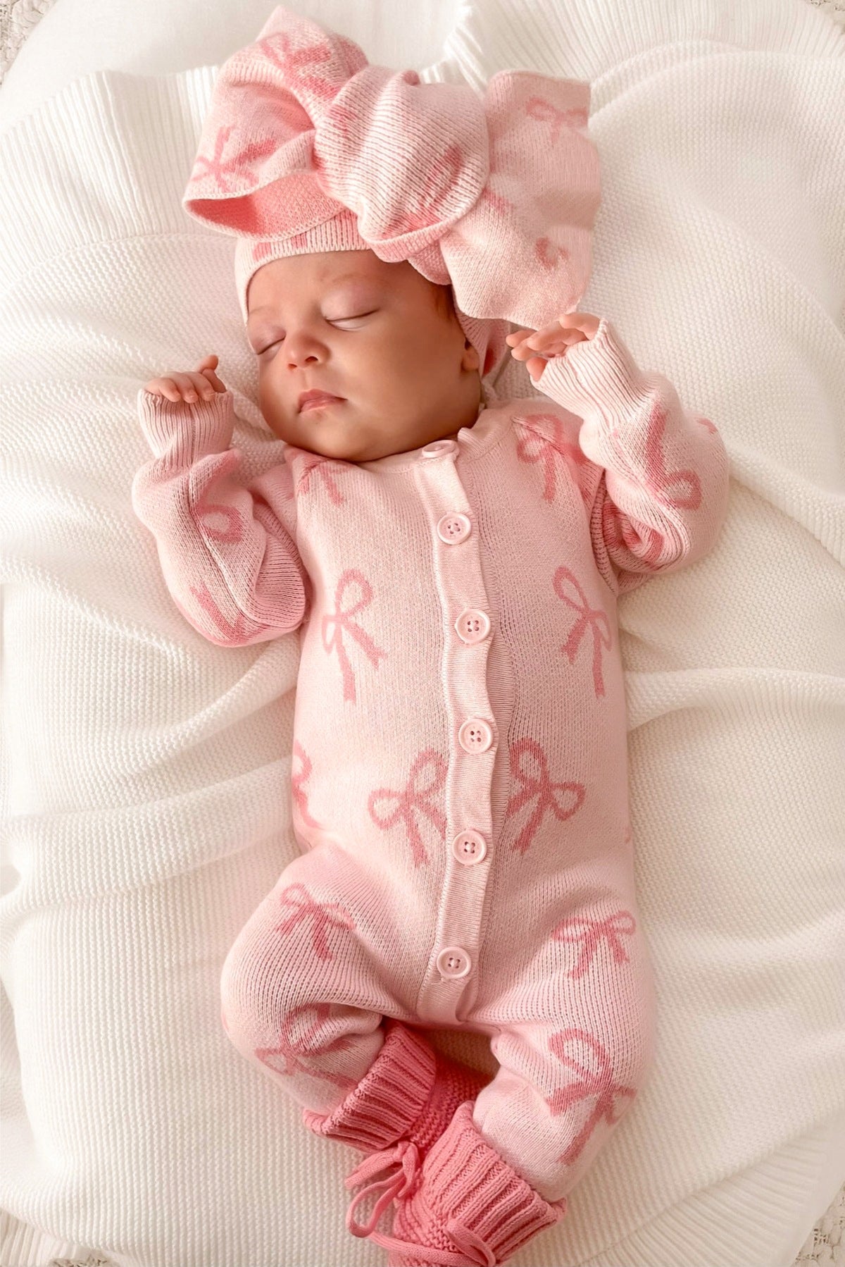 長袖ロンパース Pink Set (Jumpsuit + Headband) / 66cm Baby Knit Romper Bow Jacquard ジャカードニット リボン ロンパース【mh0011858】