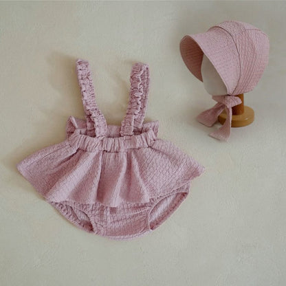 ブルマパンツ Pink Suit (Jumpsuit + Hat) / 66cm フリルショルダースカートサスペンダーブルマパンツ+ボンネット帽子セット【mh0009990】