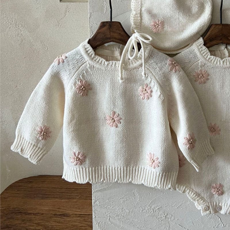 長袖ロンパース Pink Sweater / 73cm ぷっくり刺繍フラワーニットロンパース メロウ 長袖ベビーカバーオール【mh0010894】