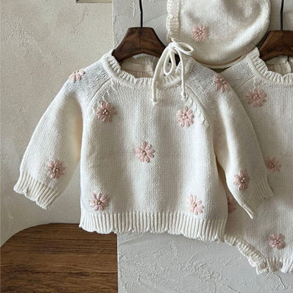 ニット・セーター Pink Top / 73cm ぷっくり刺繍フラワーニットトップス/ロンパース/ボンネット【mh0010898】