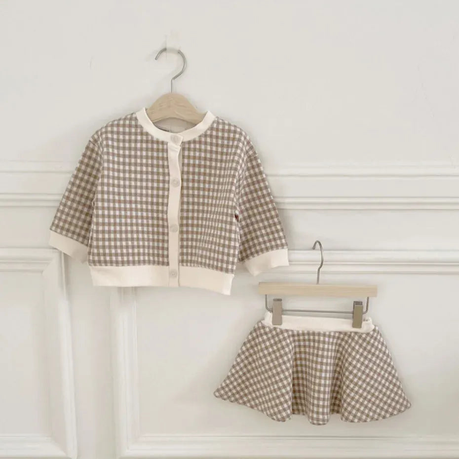 長袖セットアップ plaid 2pcs suit / 9M  73CM ベビーセットアップ 3点セット チェックカーディガンジャケット+フレアスカート+キャスケットベレー帽子【mh0007772】