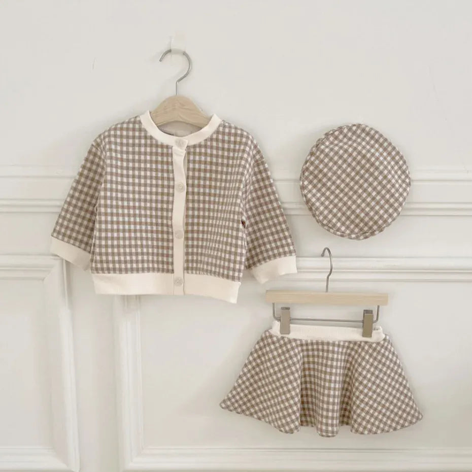 長袖セットアップ plaid 3pcs suit / 9M  73CM ベビーセットアップ 3点セット チェックカーディガンジャケット+フレアスカート+キャスケットベレー帽子【mh0007772】