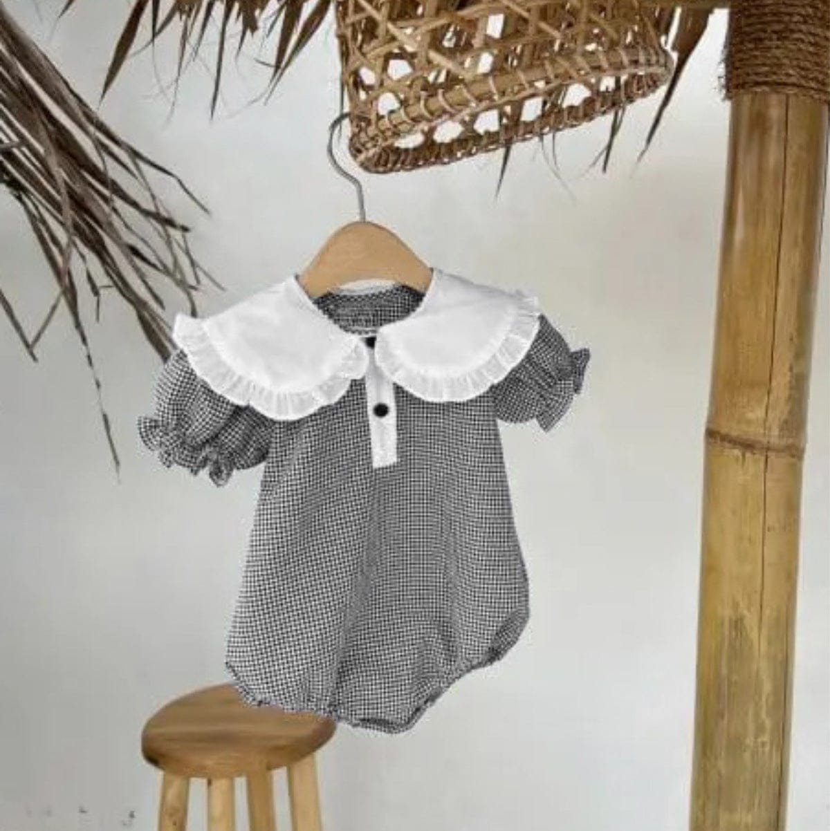 半袖ロンパース Plaid / 66cm ビッグフリル襟半袖パフスリーブロンパース【mh0009996】