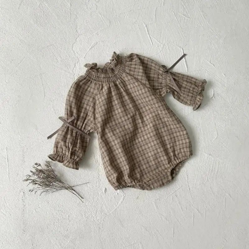 長袖ロンパース Plaid / 6M  66CM ベビーロンパース 長袖ボディスーツ リボン ベルスリーブ スタンドフリルカラー チェック【mh0006383】