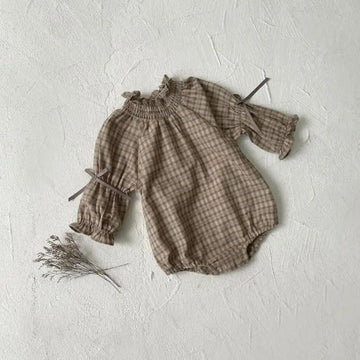 長袖ロンパース Plaid / 6M  66CM ベビーロンパース 長袖ボディスーツ リボン ベルスリーブ スタンドフリルカラー チェック【mh0006383】