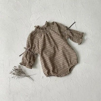 長袖ロンパース Plaid / 6M  66CM ベビーロンパース 長袖ボディスーツ リボン ベルスリーブ スタンドフリルカラー チェック【mh0006383】