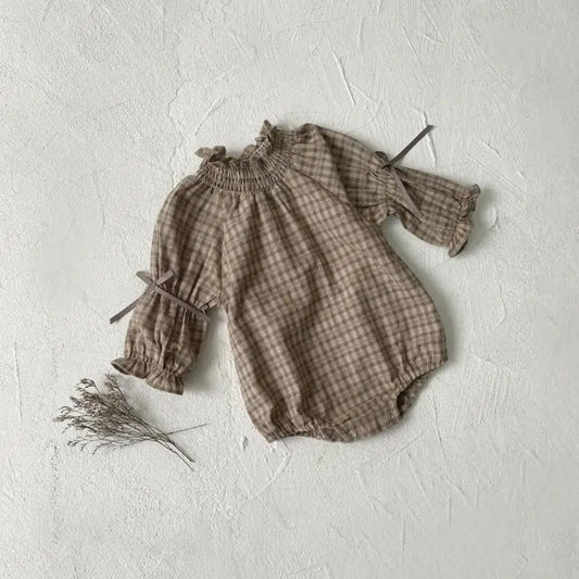 長袖ロンパース Plaid / 6M  66CM ベビーロンパース 長袖ボディスーツ リボン ベルスリーブ スタンドフリルカラー チェック【mh0006383】