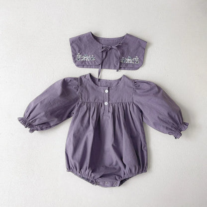 長袖ロンパース Purple / 66cm ベビーロンパース 長袖パフスリーブボディスーツ+つけ襟セット フラワー花柄刺繍 パープル【mh0004587】