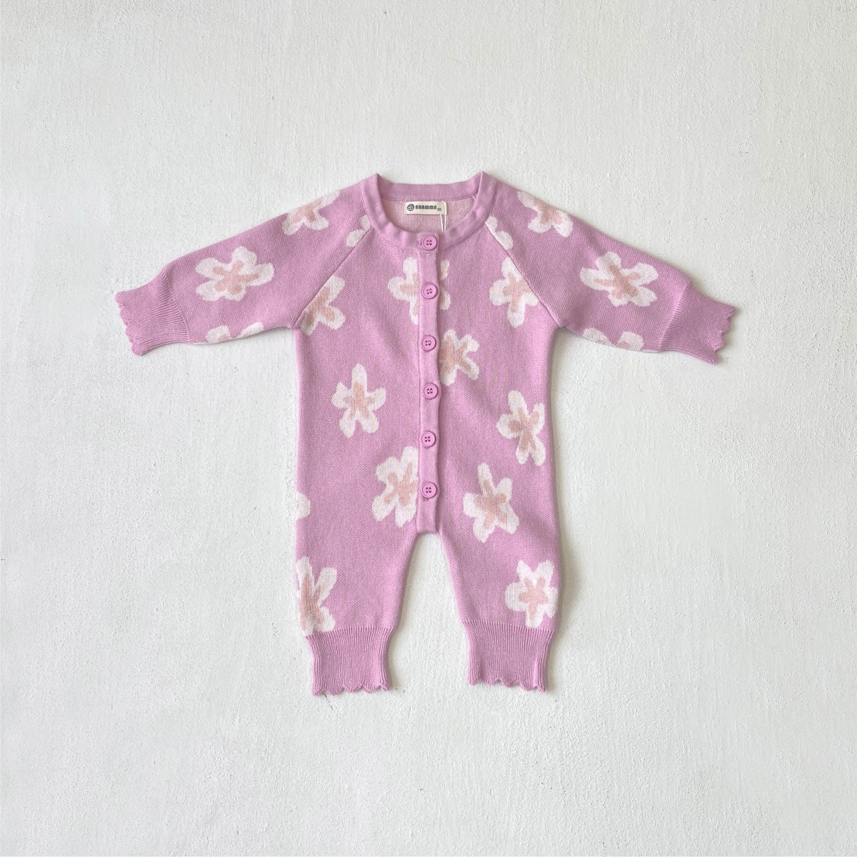 長袖ロンパース Purple pink / 66cm Flower Jacquard Knit Romper 花柄 ジャカードニット ロンパース【mh0011856】