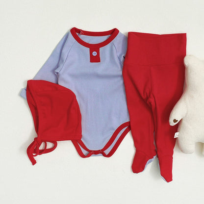 ロンパースセットアップ Red and Blue Three-Piece Set (Jumpsuit + High-Waisted Pants + Hat) / 66cm バイカラー長袖ロンパース+足付きレギンスパンツ+ボンネット帽子セット【mh0010604】