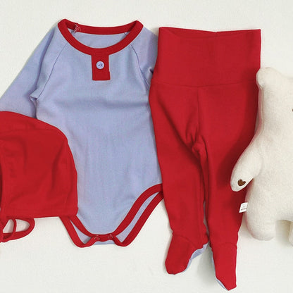 ロンパースセットアップ Red and Blue Two-Piece Set (Jumpsuit + High-Waisted Pants) / 66cm バイカラー長袖ロンパース+足付きレギンスパンツ+ボンネット帽子セット【mh0010604】