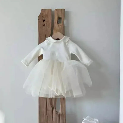 長袖ワンピース romper dress / 66cm 0-6m ベビーロンパース/キッズワンピース 長袖ドレス チュチュチュールドッキングスカート ホワイト リンクコーデ 姉妹お揃いコーデ【mh0005144】