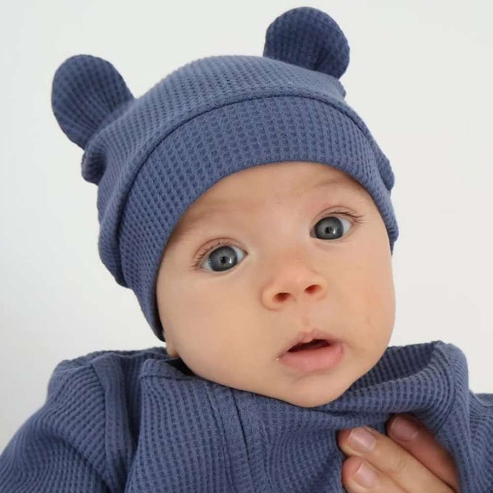 長袖ロンパース Sapphire Blue bears ears Hat / One Size 長袖足つきロンパース | ワッフルリブ | 斜めジップくま耳帽セット【mh0011499】