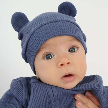 長袖ロンパース Sapphire Blue bears ears Hat / One Size 長袖足つきロンパース | ワッフルリブ | 斜めジップくま耳帽セット【mh0011499】