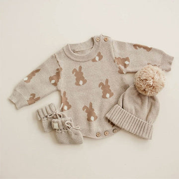 ロンパースセットアップ Set(jumpsuit + hat) / 66cm ジャガードニットロンパース うさぎ ニット帽 ぽんぽんニットキャップセット【mh0011354】