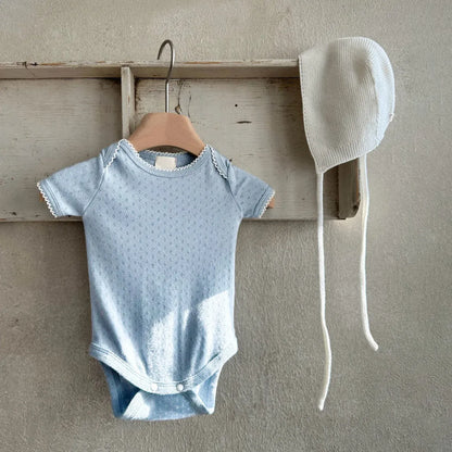 半袖ロンパース Sky Blue / 66cm 0-6m ベビーロンパース レースニット 半袖ボディスーツ 肌着 3カラー【mh0005072】
