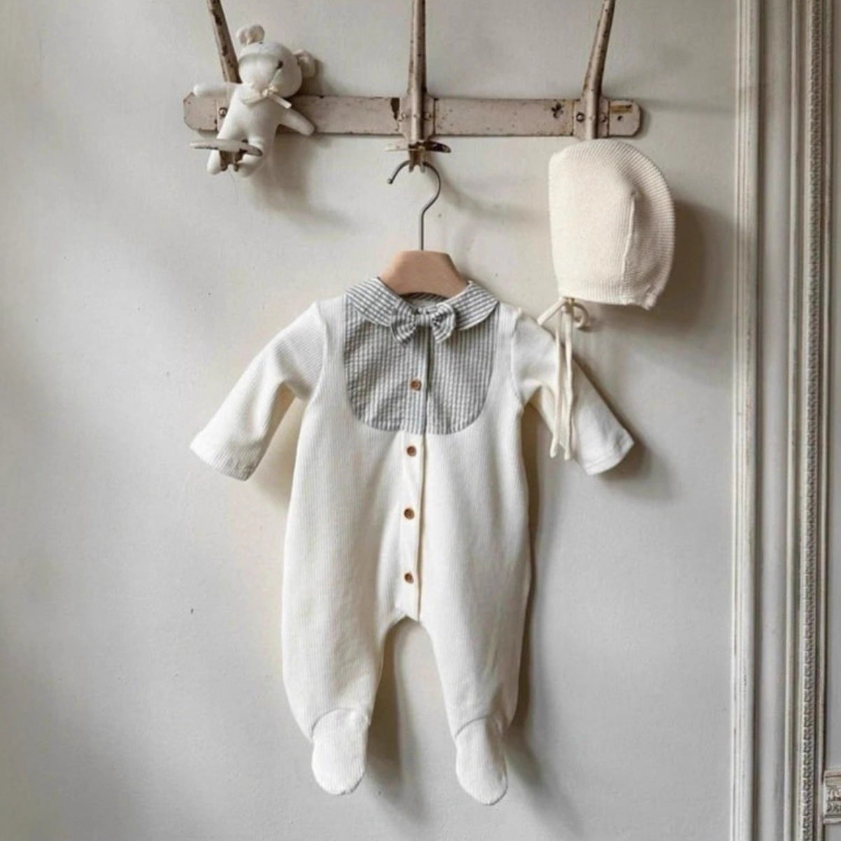 長袖ロンパース Splicing Foot Wrap Jumpsuit 切替デザイン 足つき ロンパース【mh0011937】