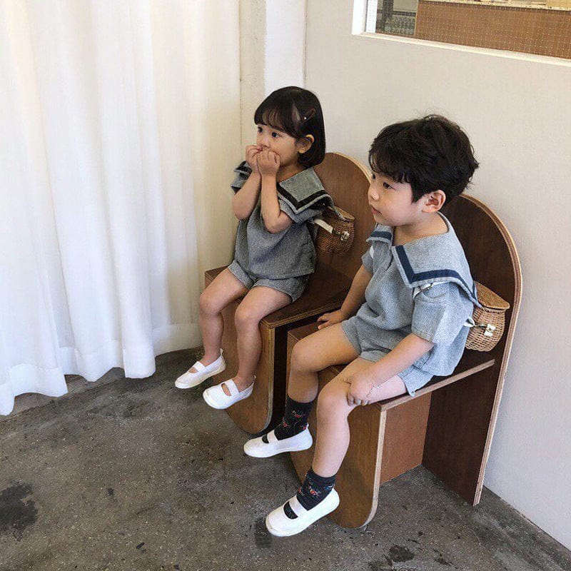 半袖セットアップ セーラーカラー半袖Tシャツ+ショートパンツマリンセットアップ 2点セット【mh0010000】