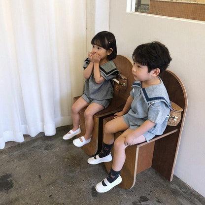 半袖セットアップ セーラーカラー半袖Tシャツ+ショートパンツマリンセットアップ 2点セット【mh0010000】