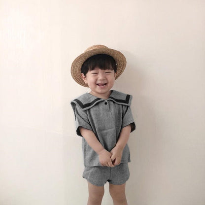 半袖セットアップ セーラーカラー半袖Tシャツ+ショートパンツマリンセットアップ 2点セット【mh0010000】