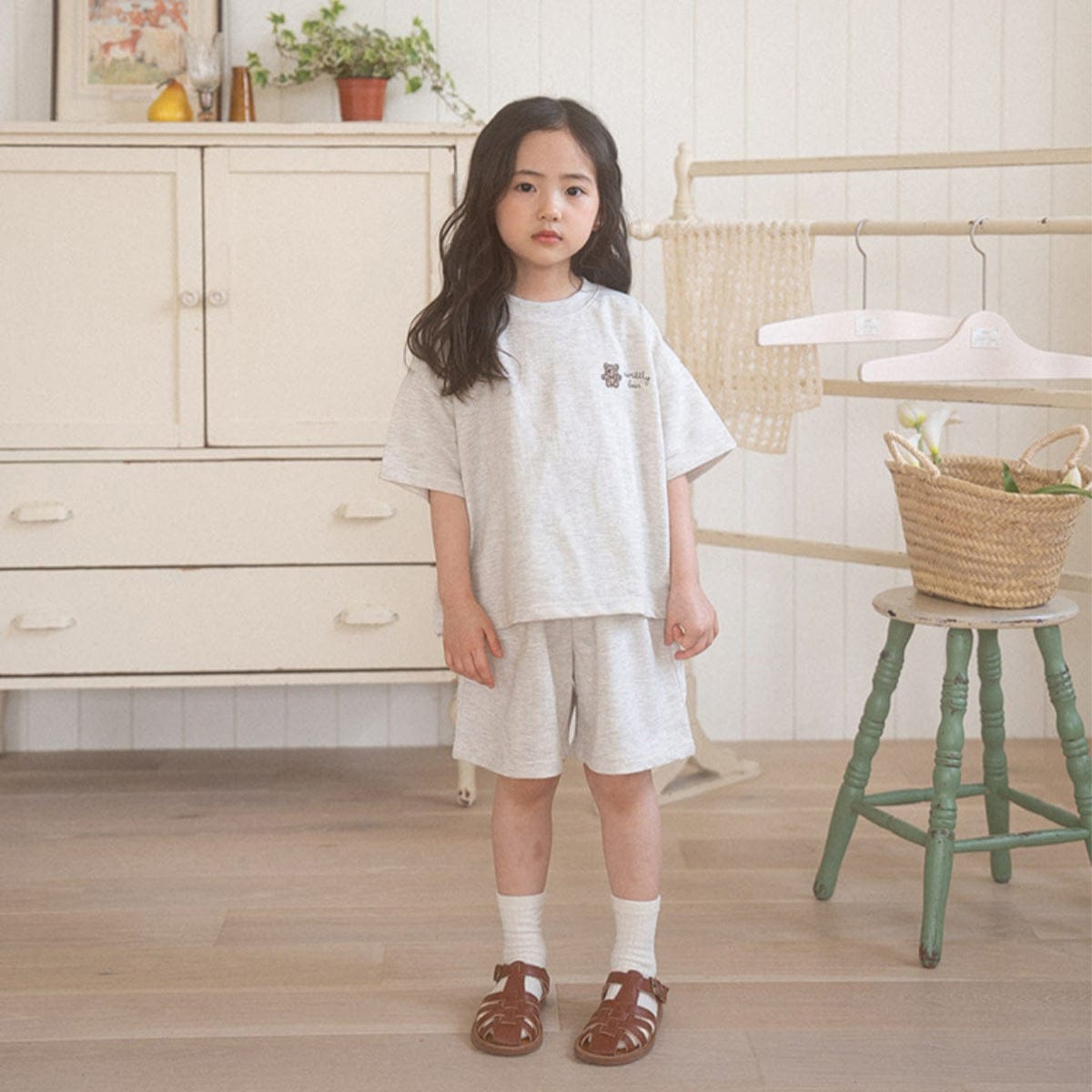 半袖セットアップ ベアくまワンポイント半袖Tシャツ+ショートパンツセットアップ 2点セット【mh0010213】