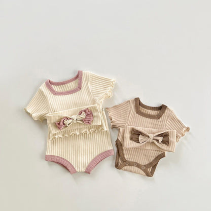 半袖セットアップ スクエアネック半袖Tシャツ+ブルマパンツ+リボンヘアバンドセットアップ 3点セット【mh0010007】