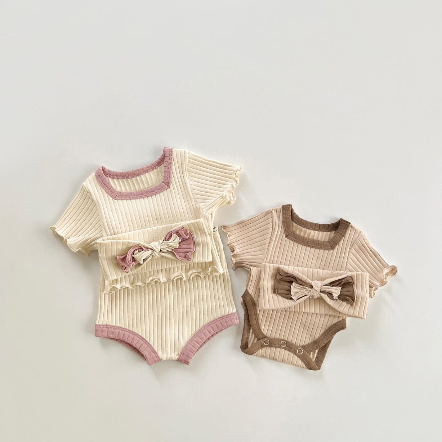 半袖セットアップ スクエアネック半袖Tシャツ+ブルマパンツ+リボンヘアバンドセットアップ 3点セット【mh0010007】