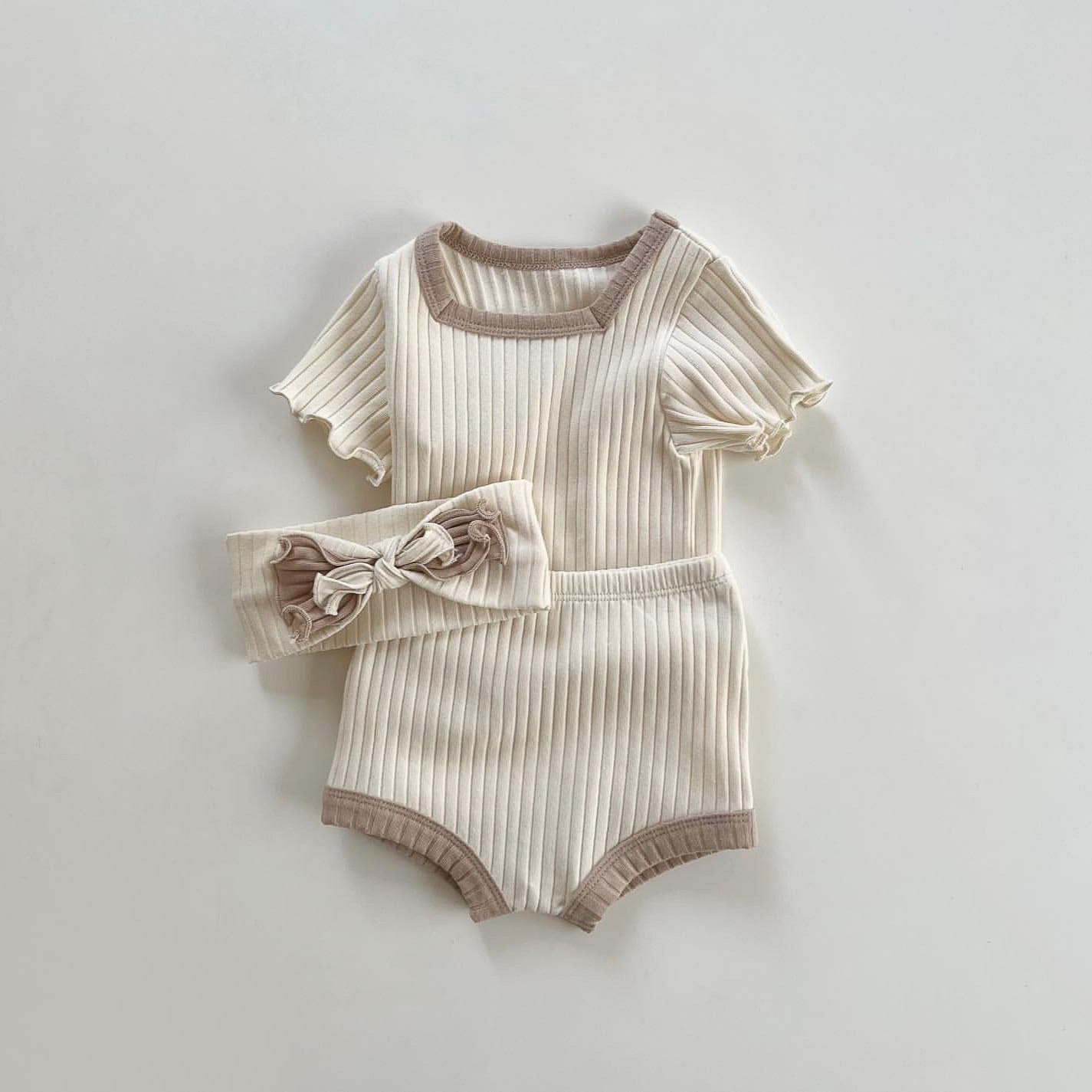 半袖セットアップ スクエアネック半袖Tシャツ+ブルマパンツ+リボンヘアバンドセットアップ 3点セット【mh0010007】