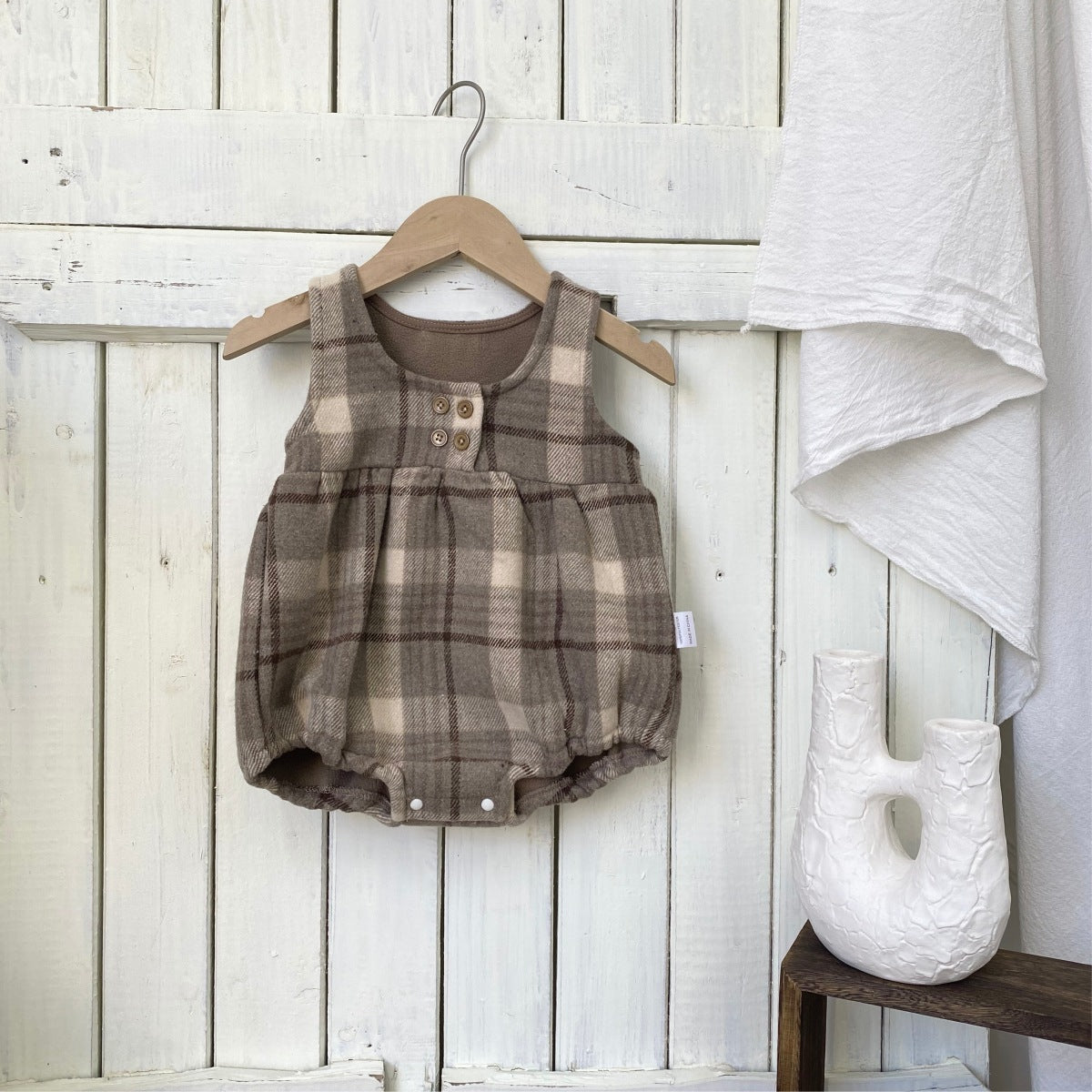 ノースリーブロンパース Tartan Plush Vest Romper Set タータンチェック 裏フリース ロンパース【mh0011852】