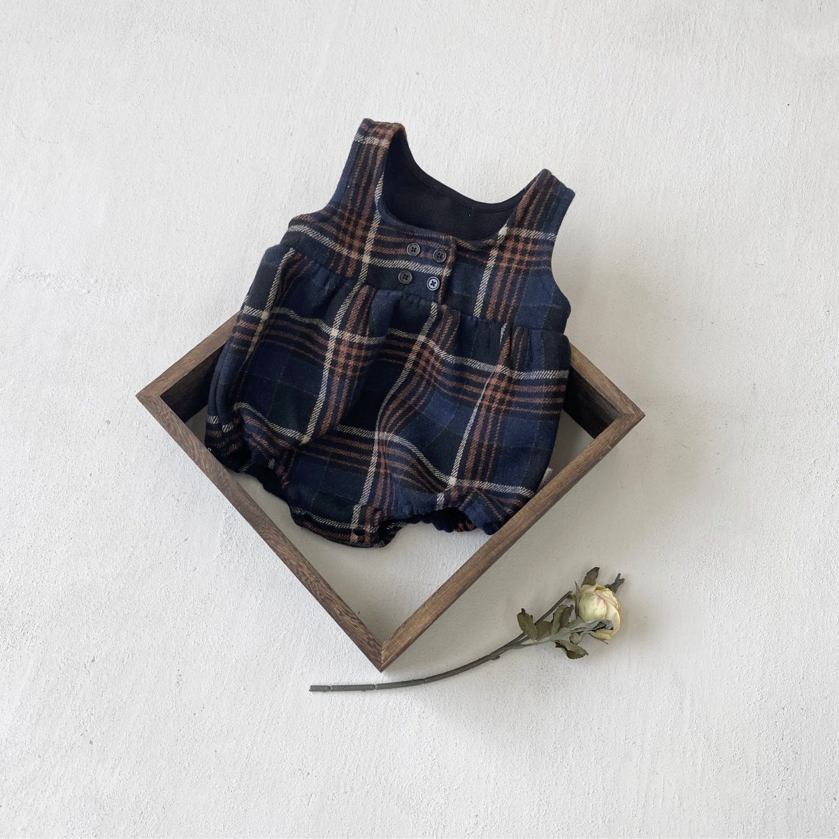 ノースリーブロンパース Tartan Plush Vest Romper Set タータンチェック 裏フリース ロンパース【mh0011852】