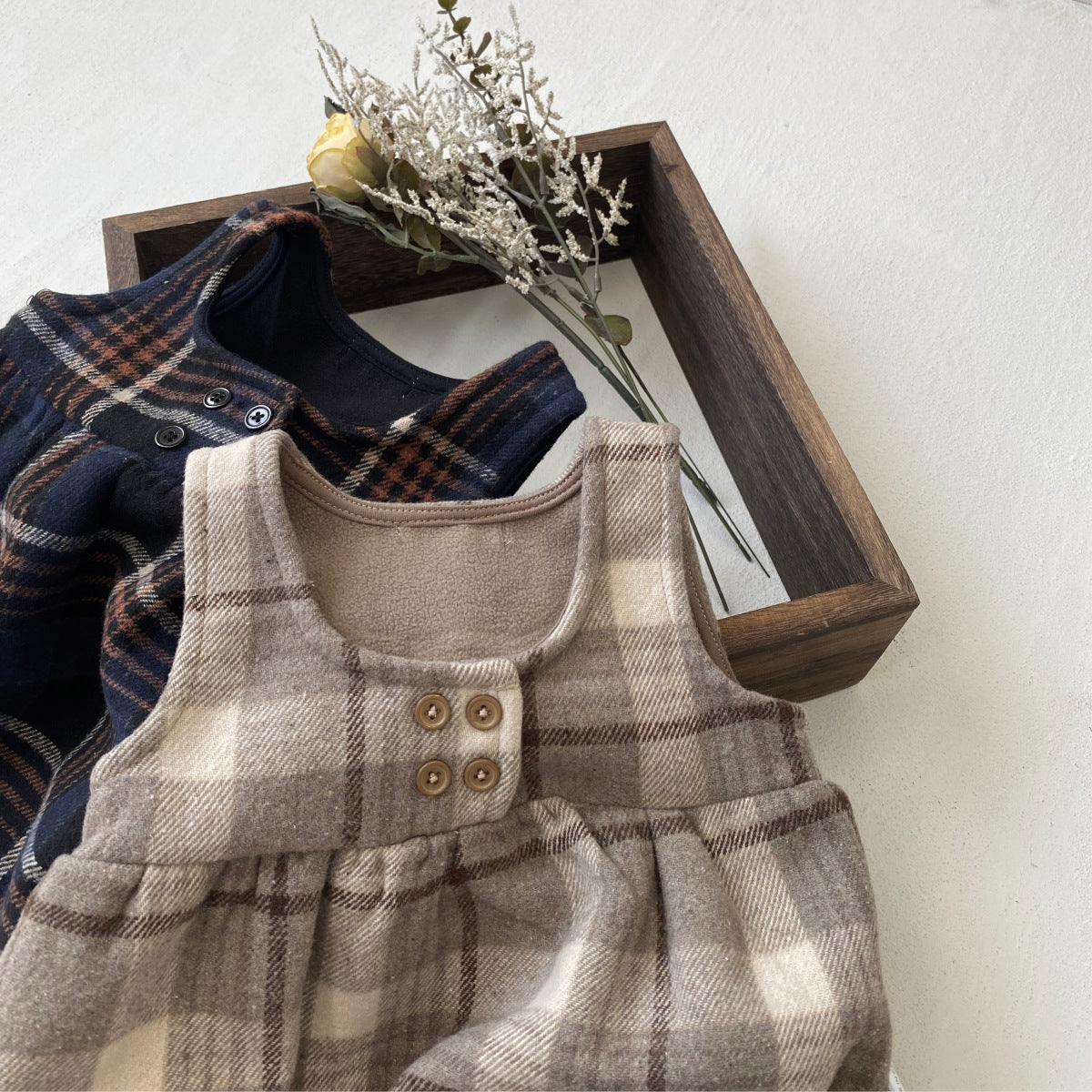 ノースリーブロンパース Tartan Plush Vest Romper Set タータンチェック 裏フリース ロンパース【mh0011852】