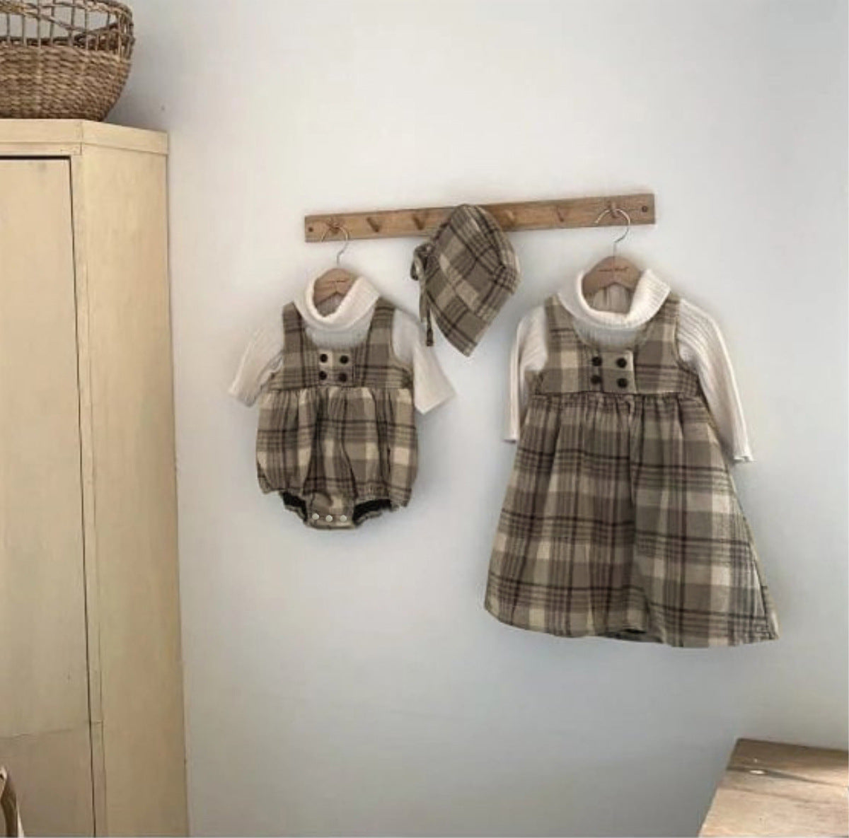 ノースリーブロンパース Tartan Plush Vest Romper Set タータンチェック 裏フリース ロンパース【mh0011852】