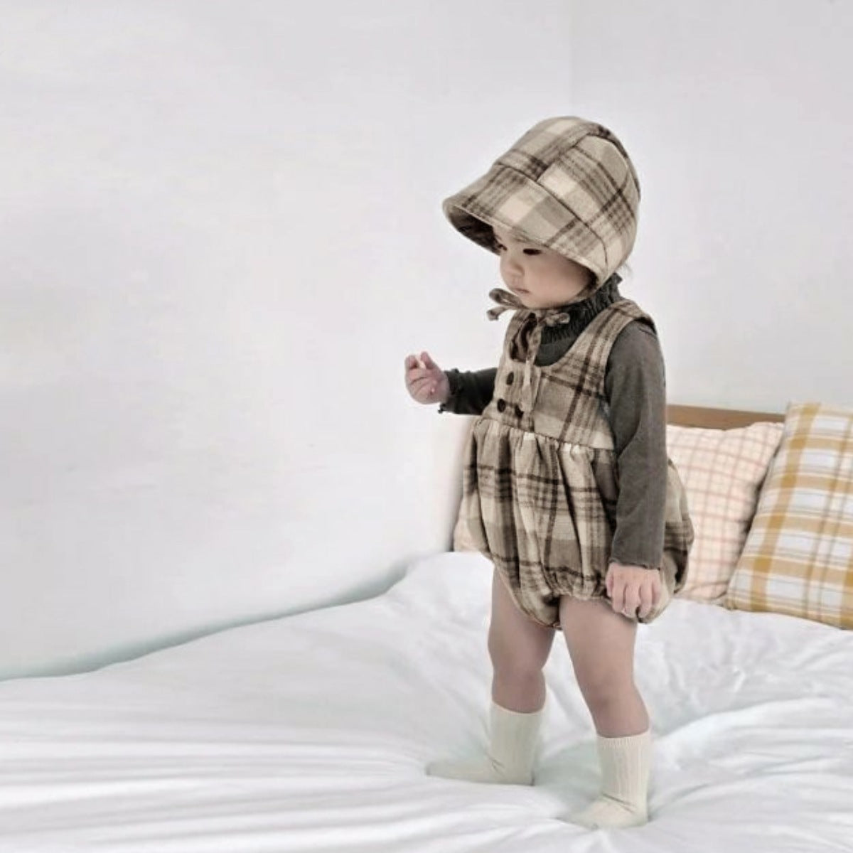 ノースリーブロンパース Tartan Plush Vest Romper Set タータンチェック 裏フリース ロンパース【mh0011852】