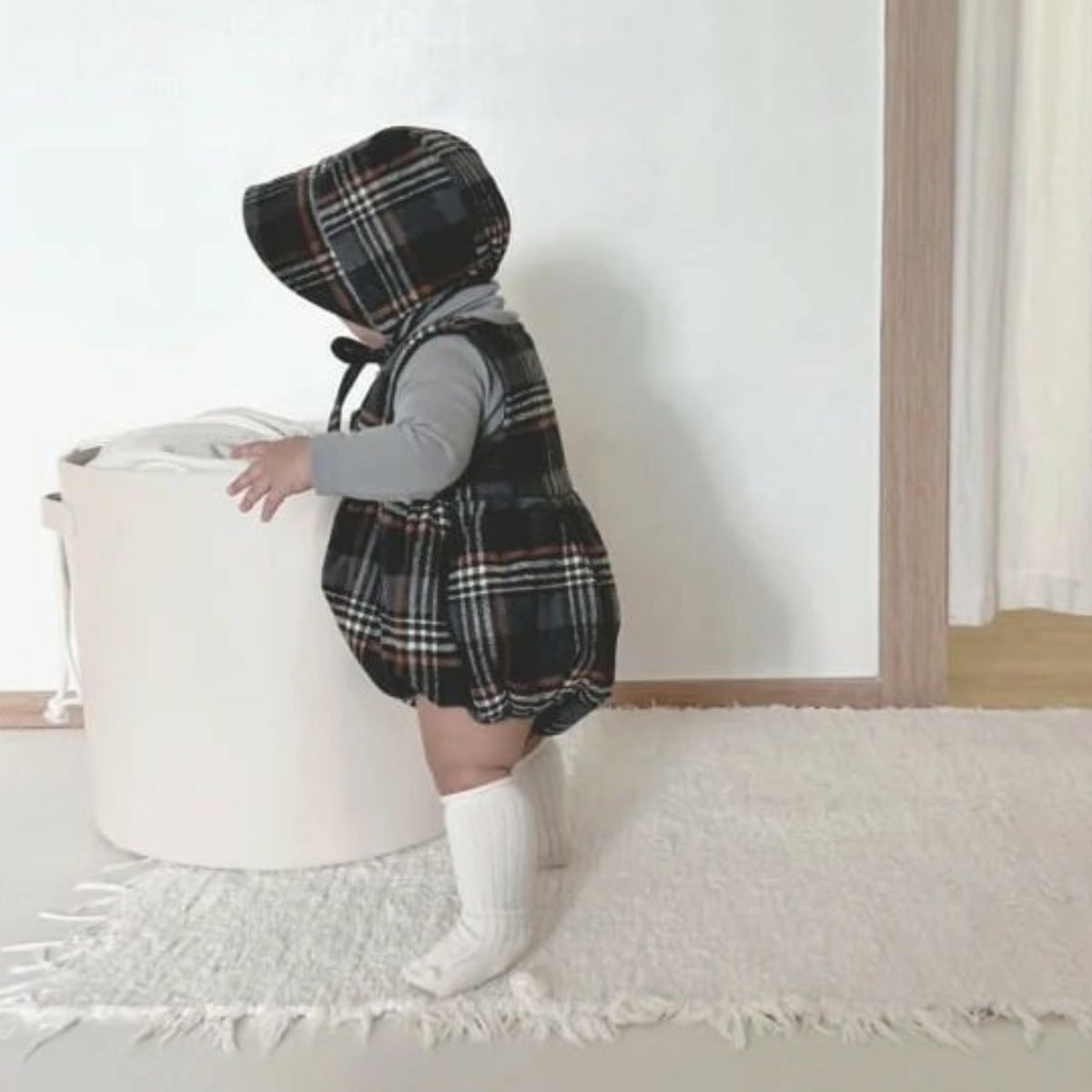 ノースリーブロンパース Tartan Plush Vest Romper Set タータンチェック 裏フリース ロンパース【mh0011852】