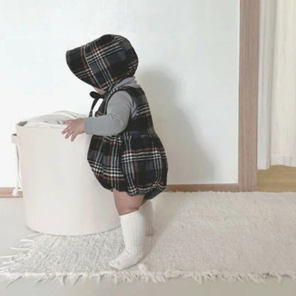 ノースリーブロンパース Tartan Plush Vest Romper Set タータンチェック 裏フリース ロンパース【mh0011852】