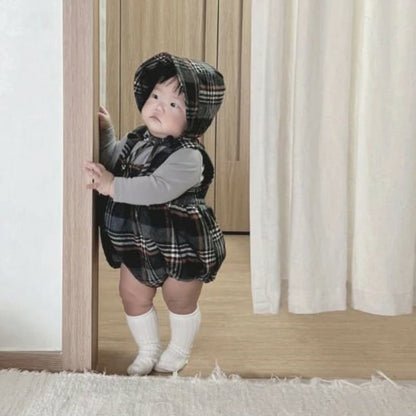 ノースリーブロンパース Tartan Plush Vest Romper Set タータンチェック 裏フリース ロンパース【mh0011852】