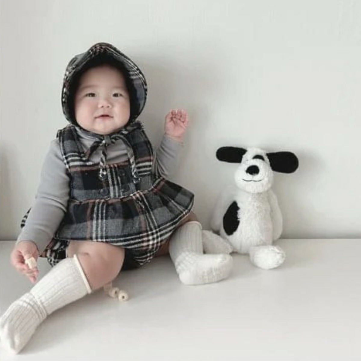 ノースリーブロンパース Tartan Plush Vest Romper Set タータンチェック 裏フリース ロンパース【mh0011852】