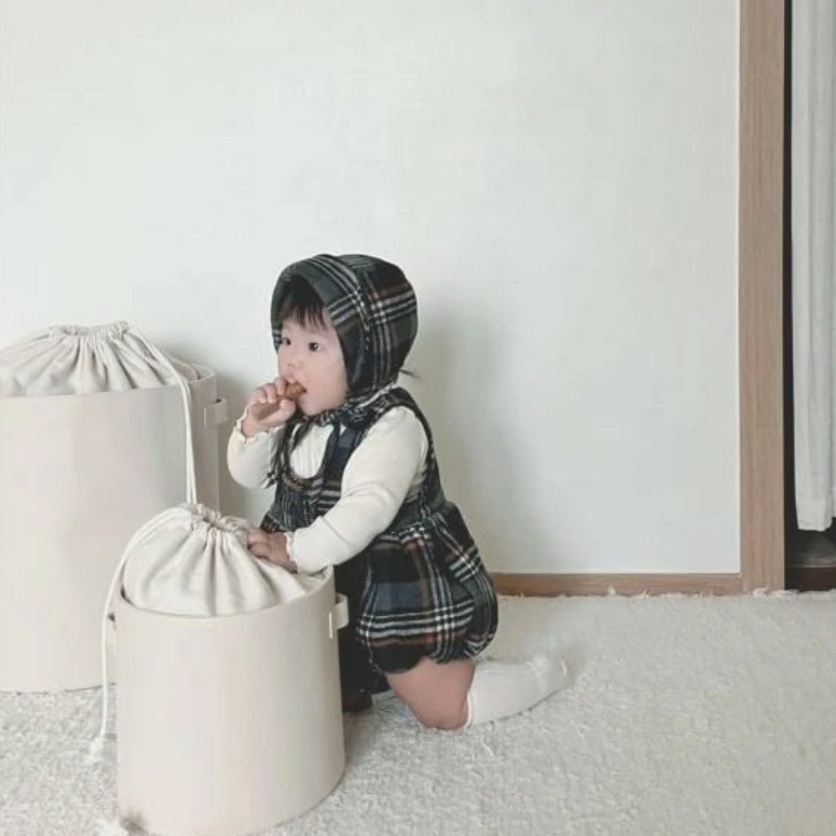 ノースリーブロンパース Tartan Plush Vest Romper Set タータンチェック 裏フリース ロンパース【mh0011852】