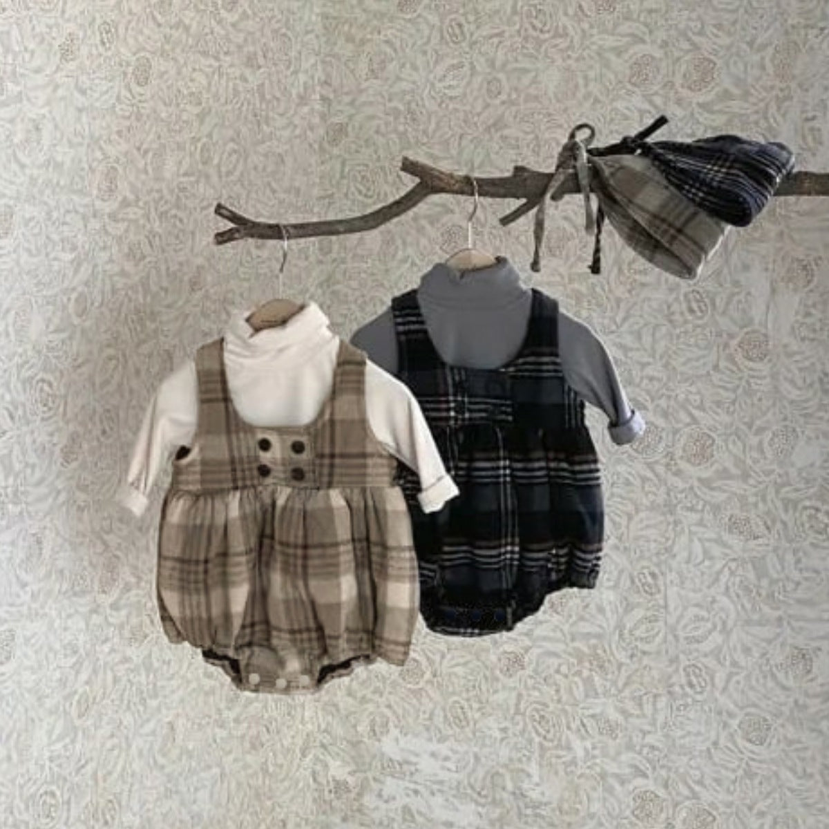 ノースリーブロンパース Tartan Plush Vest Romper Set タータンチェック 裏フリース ロンパース【mh0011852】