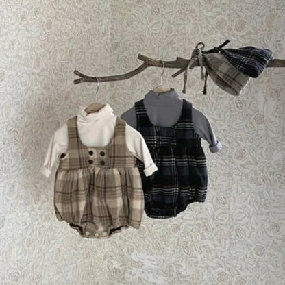 ノースリーブロンパース Tartan Plush Vest Romper Set タータンチェック 裏フリース ロンパース【mh0011852】
