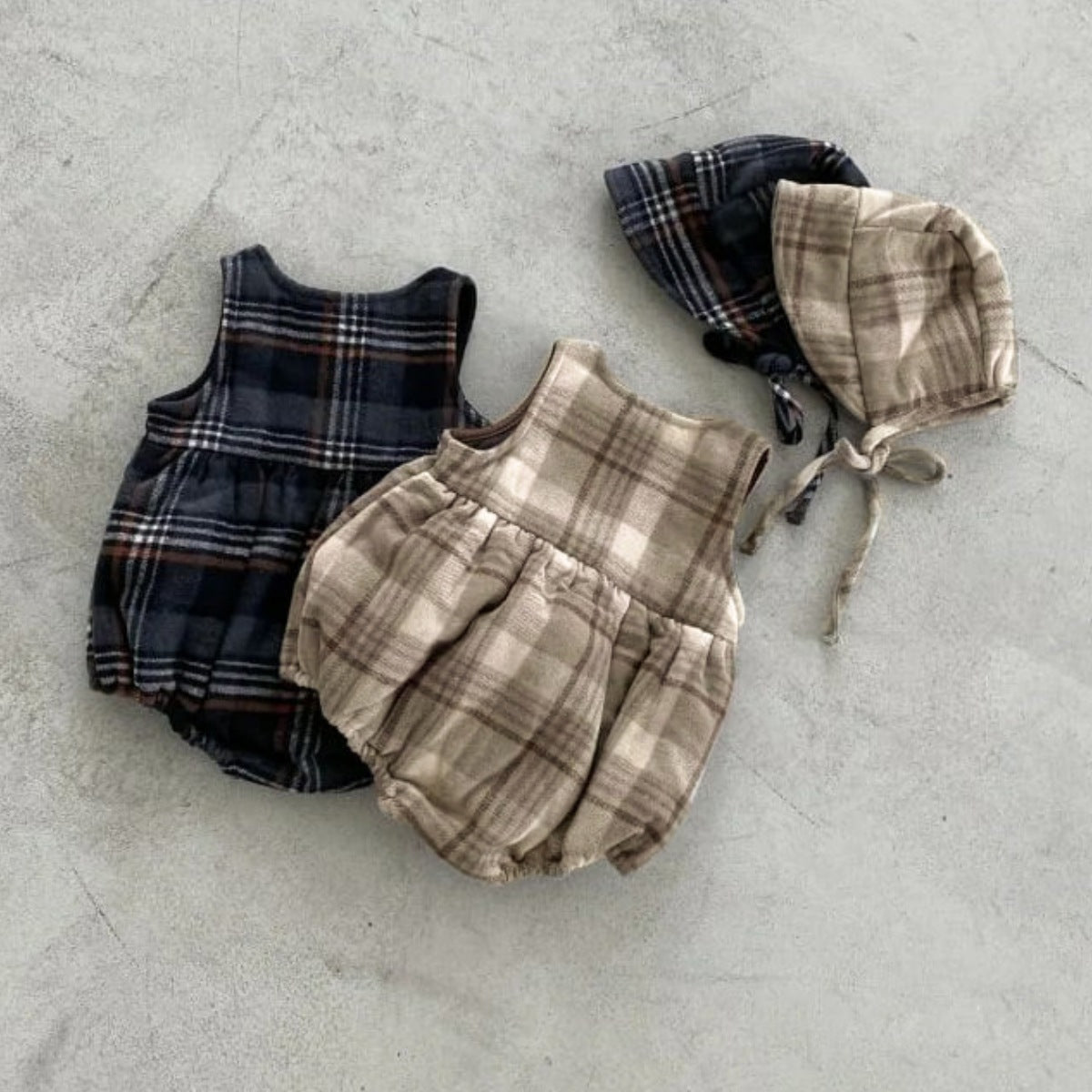 ノースリーブロンパース Tartan Plush Vest Romper Set タータンチェック 裏フリース ロンパース【mh0011852】