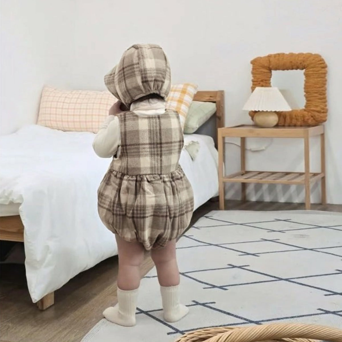 ノースリーブロンパース Tartan Plush Vest Romper Set タータンチェック 裏フリース ロンパース【mh0011852】