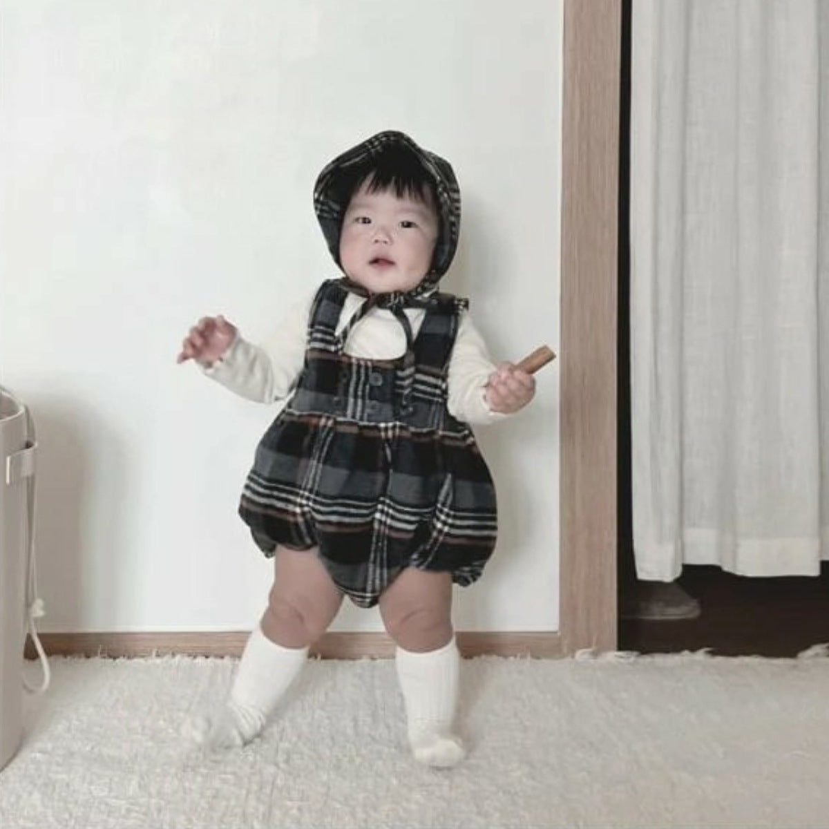 ノースリーブロンパース Tartan Plush Vest Romper Set タータンチェック 裏フリース ロンパース【mh0011852】