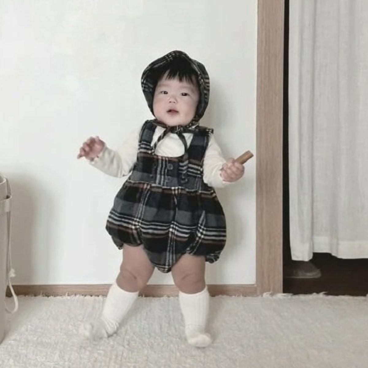 ノースリーブロンパース Tartan Plush Vest Romper Set タータンチェック 裏フリース ロンパース【mh0011852】