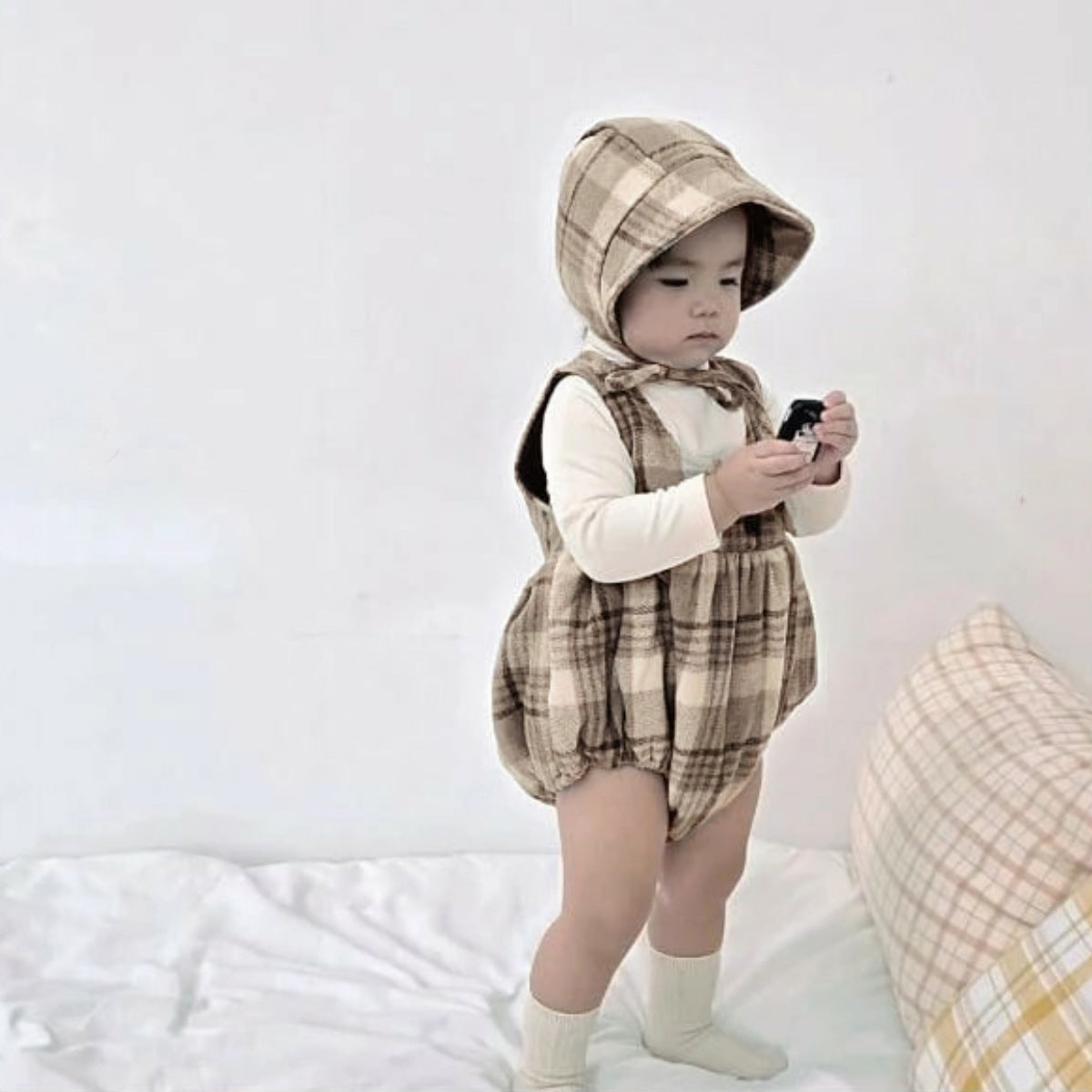 ノースリーブロンパース Tartan Plush Vest Romper Set タータンチェック 裏フリース ロンパース【mh0011852】