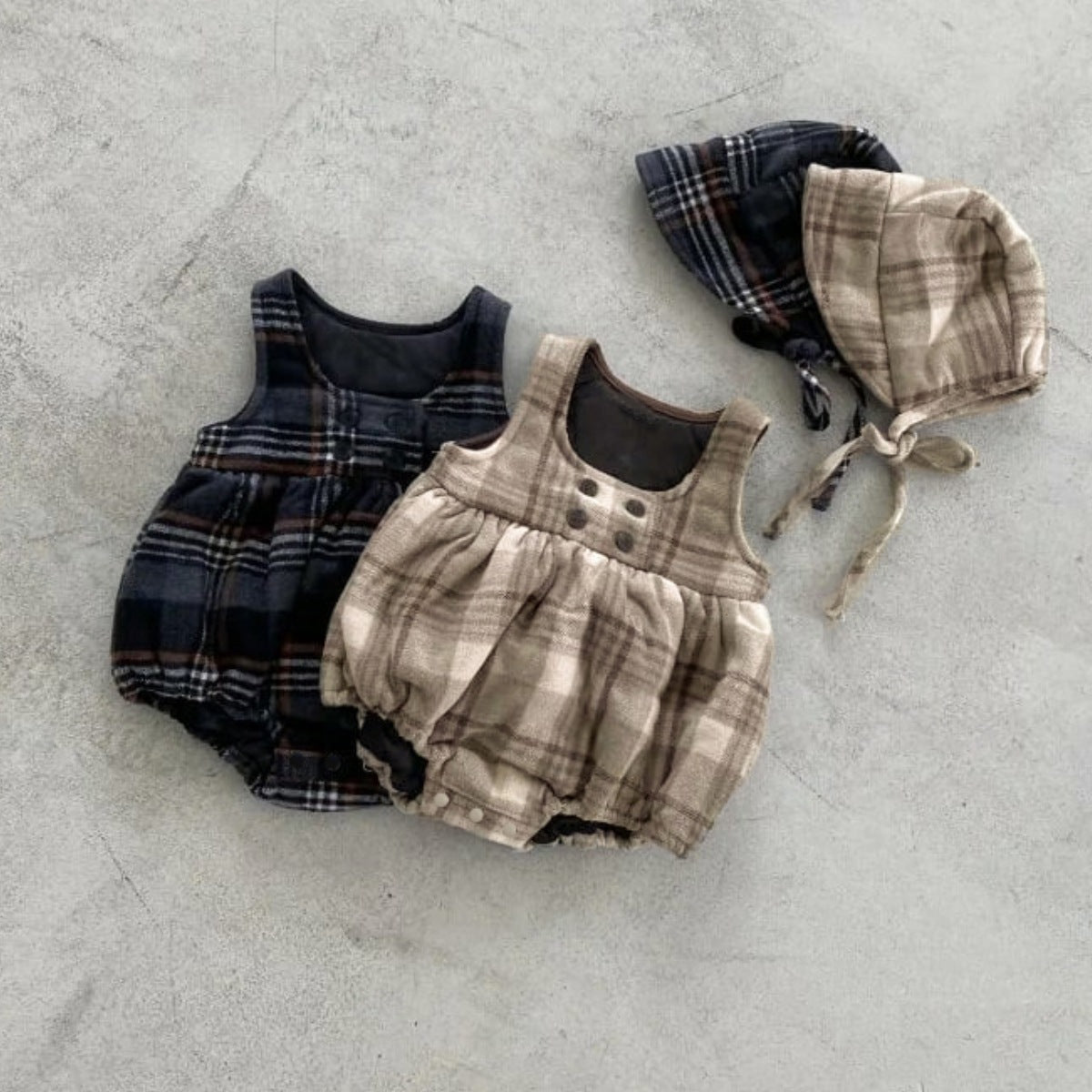 ノースリーブロンパース Tartan Plush Vest Romper Set タータンチェック 裏フリース ロンパース【mh0011852】